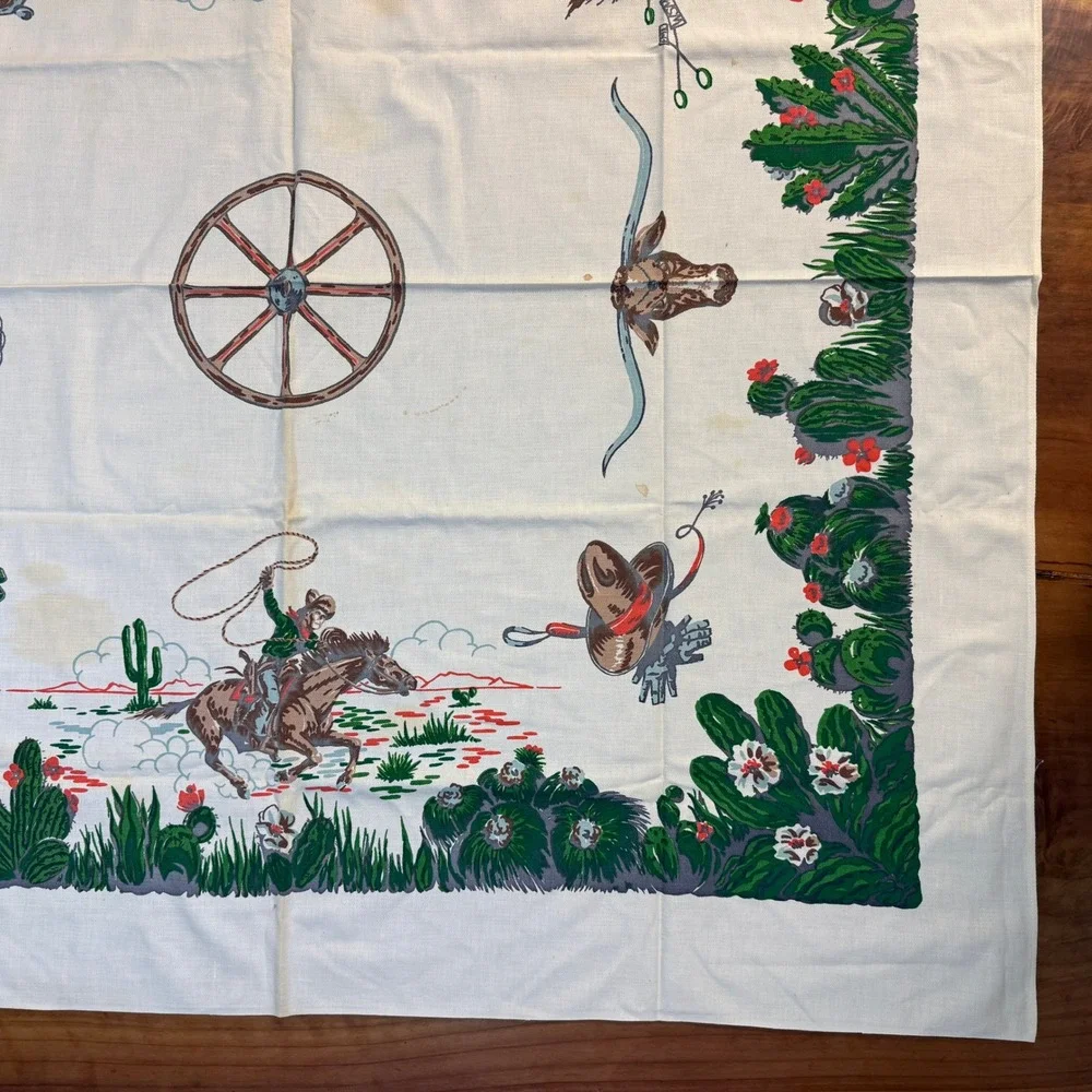 Vintage Startex Table Cloth Cotton Square Western Cowboy Startex 50 x 50 UU18